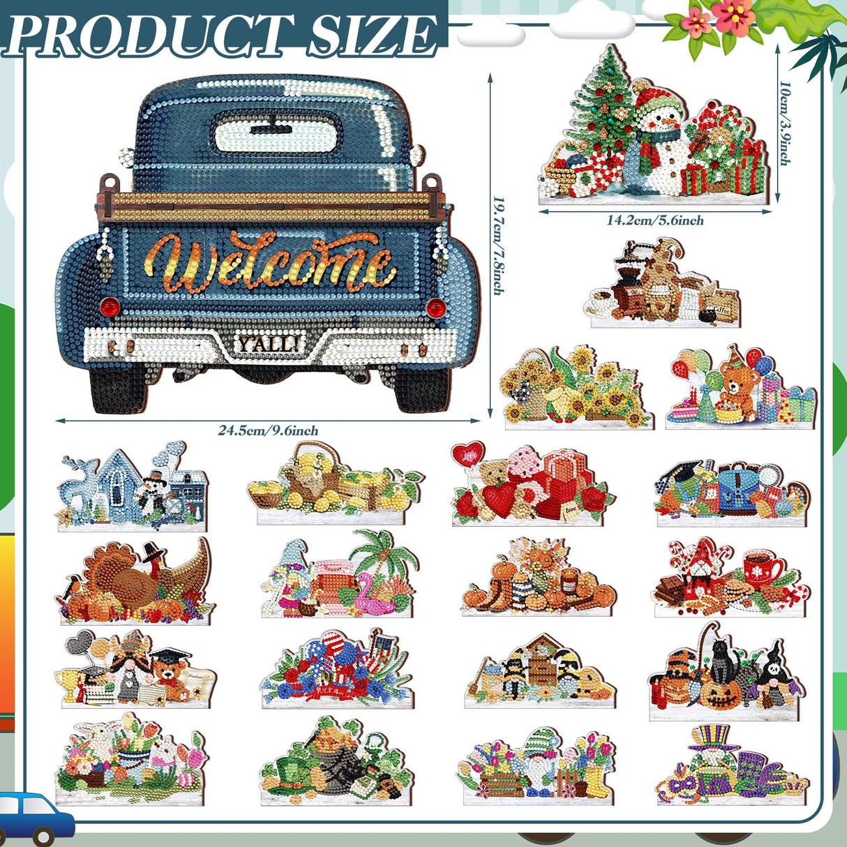Burbell 21 Pcs Interchangeable Diamond Painting Welcome Sign for Front Door Diamond Painting Truck Decor Interchangeable Seasonal Welcome Sign for DIY Art Kit Wall Window Door Farmhouse(Blue) Burbell