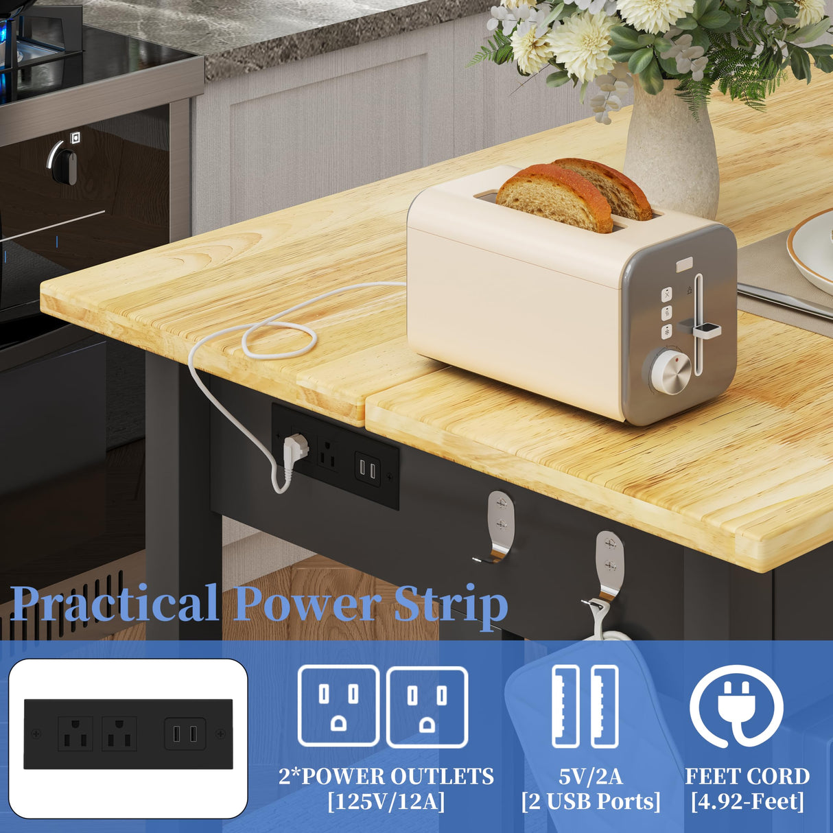 47.3" Solid Rubberwood Kitchen Island with Power Outlets - Extra Large Work Surface, 2 Drawers & Open Shelves Storage Cabinet for Kitchen Dining Room, Farmhouse Style (Black) DynJest