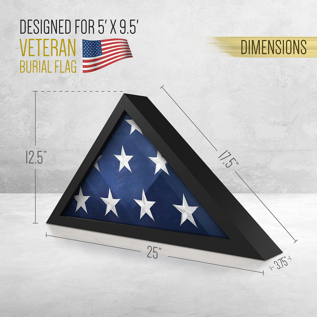 HBCY Creations Flag Display Case for 5' x 9.5' American Veteran Burial Flag Solid Wood Black Frame with Glass Front with Wall Mount or Standing HBCY Creations