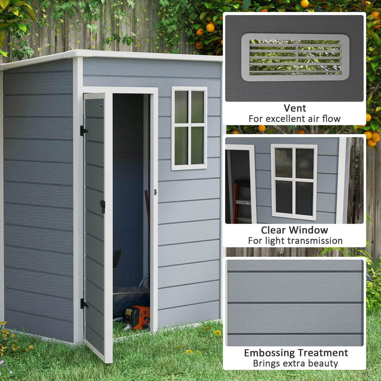 Outsunny 5' x 3' Resin Outdoor Storage Shed with Floor, Garden Shed with Lockable Door, Window and Vent, Plastic Utility Tool Shed for Backyard, Patio, Lawn, Gray Outsunny