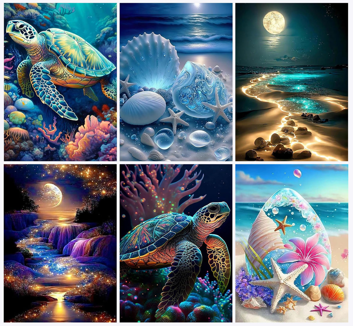 AREOPNMG 6pack Sea Turtle Beach Diamond Painting Kits for Adults Beginners,5D Moonlight Waterfall Landscape Diamond Art,DIY Full Round Drill Dot Gem Art Kits,Home Wall Decor 9.8x13.8 Inch AREOPNMG