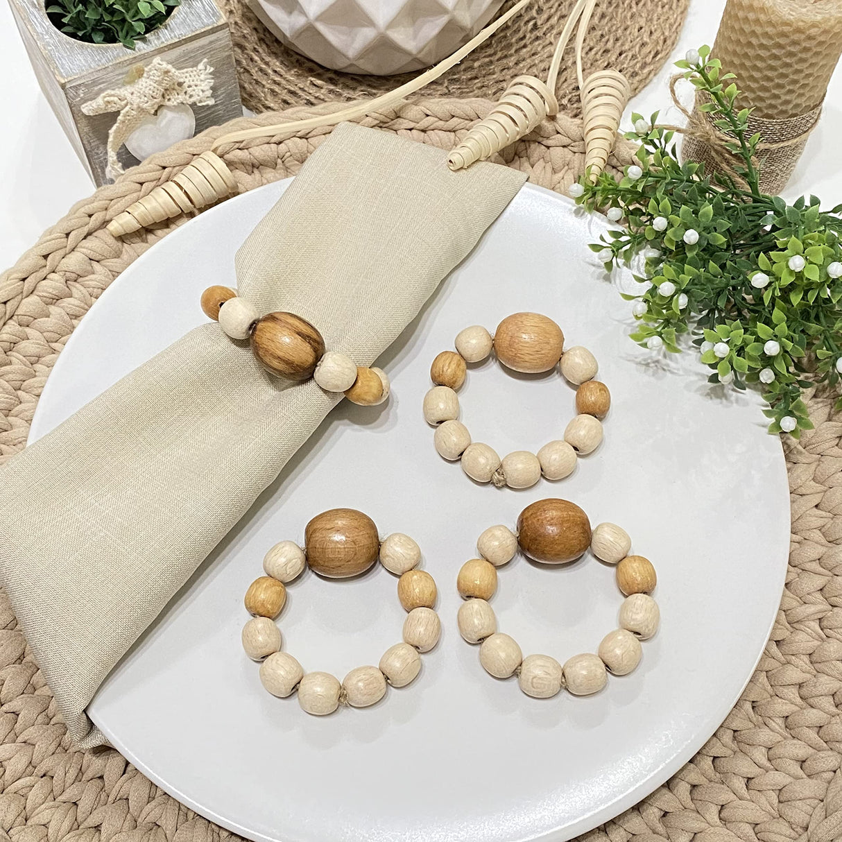 Napkin Rings Set of 6 - Wooden Beads Napkin Rings | Rustic Wooden Napkin Ring Holder for Table Decoration Handmade LEBEJUA Napkin Ring with Wood Beads & Jute Twine - Farmhouse Napkin Rings Boho Style LEBEJUA