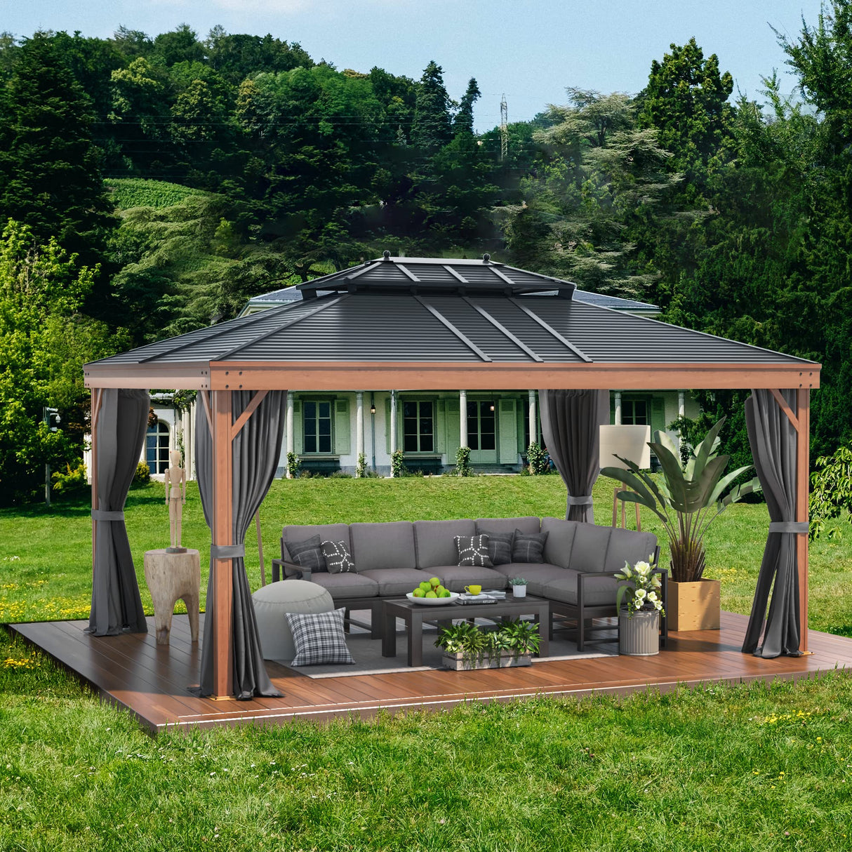 MELLCOM 12'x16' Hardtop Gazebo, Wooden Finish Coated Aluminum Frame Gazebo with Galvanized Steel Double Roof, Metal Gazebo with Curtains and Nettings for Patios, Gardens, Lawns MELLCOM