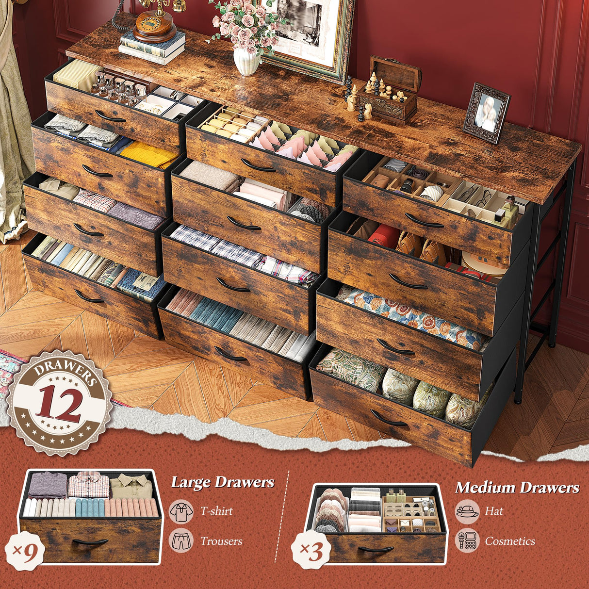 Romorgniz 55" Dresser for Bedroom with 12 Fabric Drawers, Entertainment Center for 60 inch TV Dressers & Chests of Drawers Large Organizer, Living Room, Metal Frame, Wood Top, Rustic Brown Romorgniz