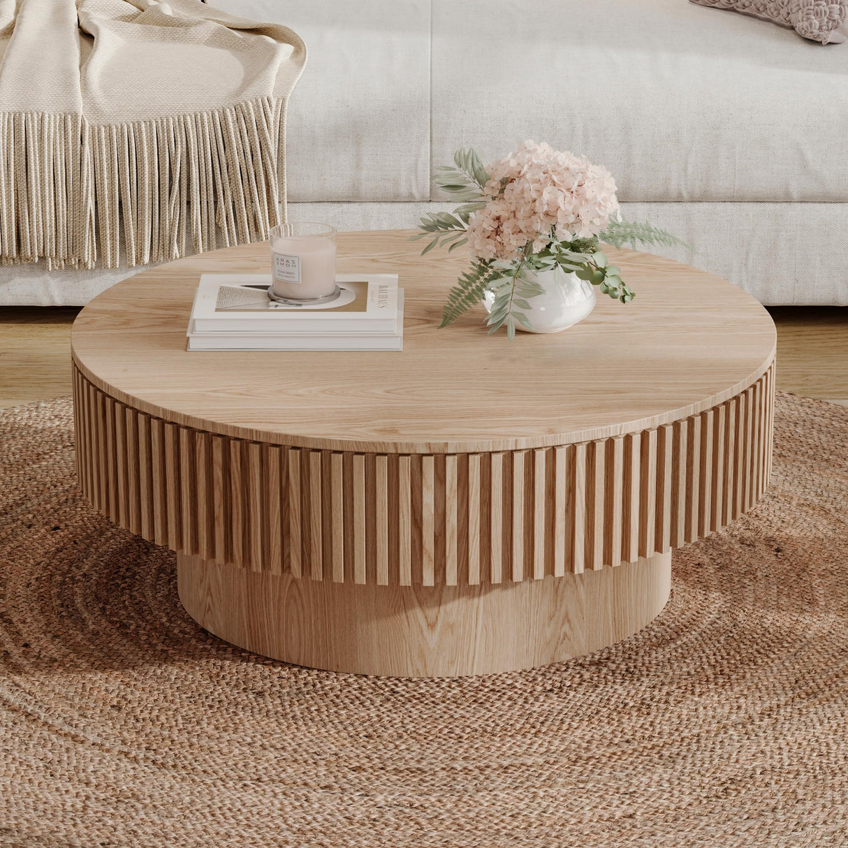 LKTART 31.5'' Natural Coffee Table Modern Handcraft Drum Round Circle Wooden Solid Wood Veneer Tea Table for for Living Room Apartment (Hidden Storage) LKTART