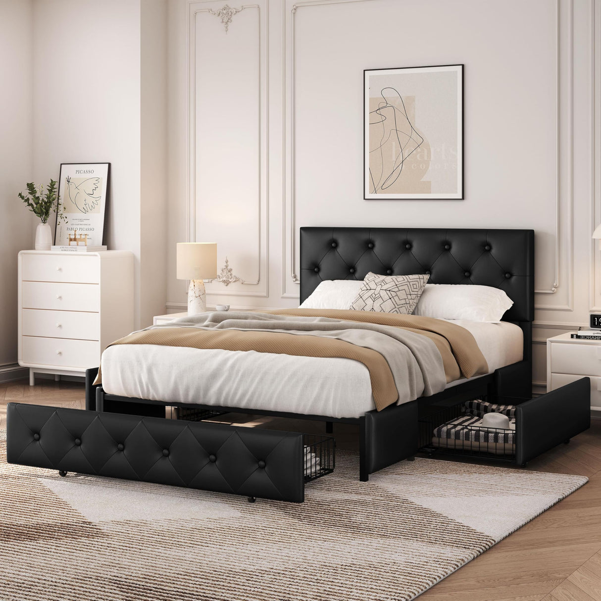 Yaheetech Full Bed Frame Upholstered Bed Frame with Adjustable Diamond Button-Tufted Headboard/3 Drawers Storage, Queen Platform Bed/Strong Wooden Slats, Black Full Bed Yaheetech