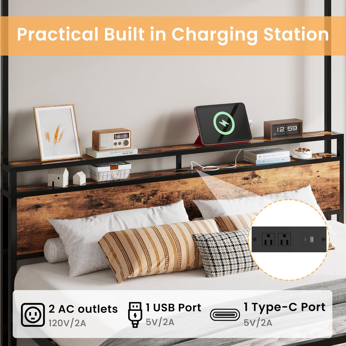 LIKIMIO Canopy Bed Frame King with Storage Headboard & Charging Station, Sturdy Metal Platform Bed with 4 Removable Posts, Dual Purpose Bed Frame, No Box Spring Needed, Noise Free LIKIMIO