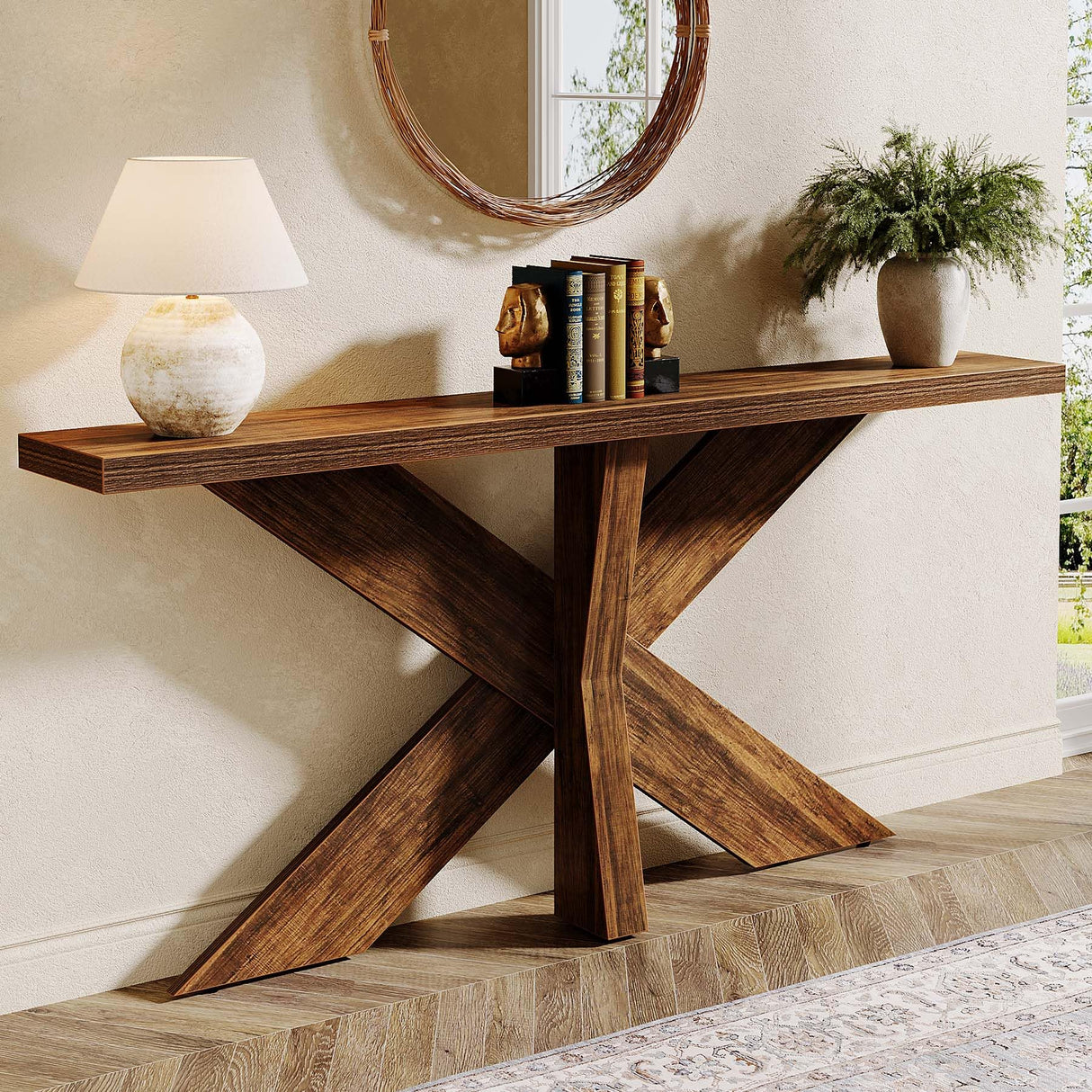 Tribesigns 70.9 Inches Long Sofa Table Behind Couch, Farmhouse Console Entry Table with Wooden Geometric Base for Entryway, Living Room, Brown Tribesigns
