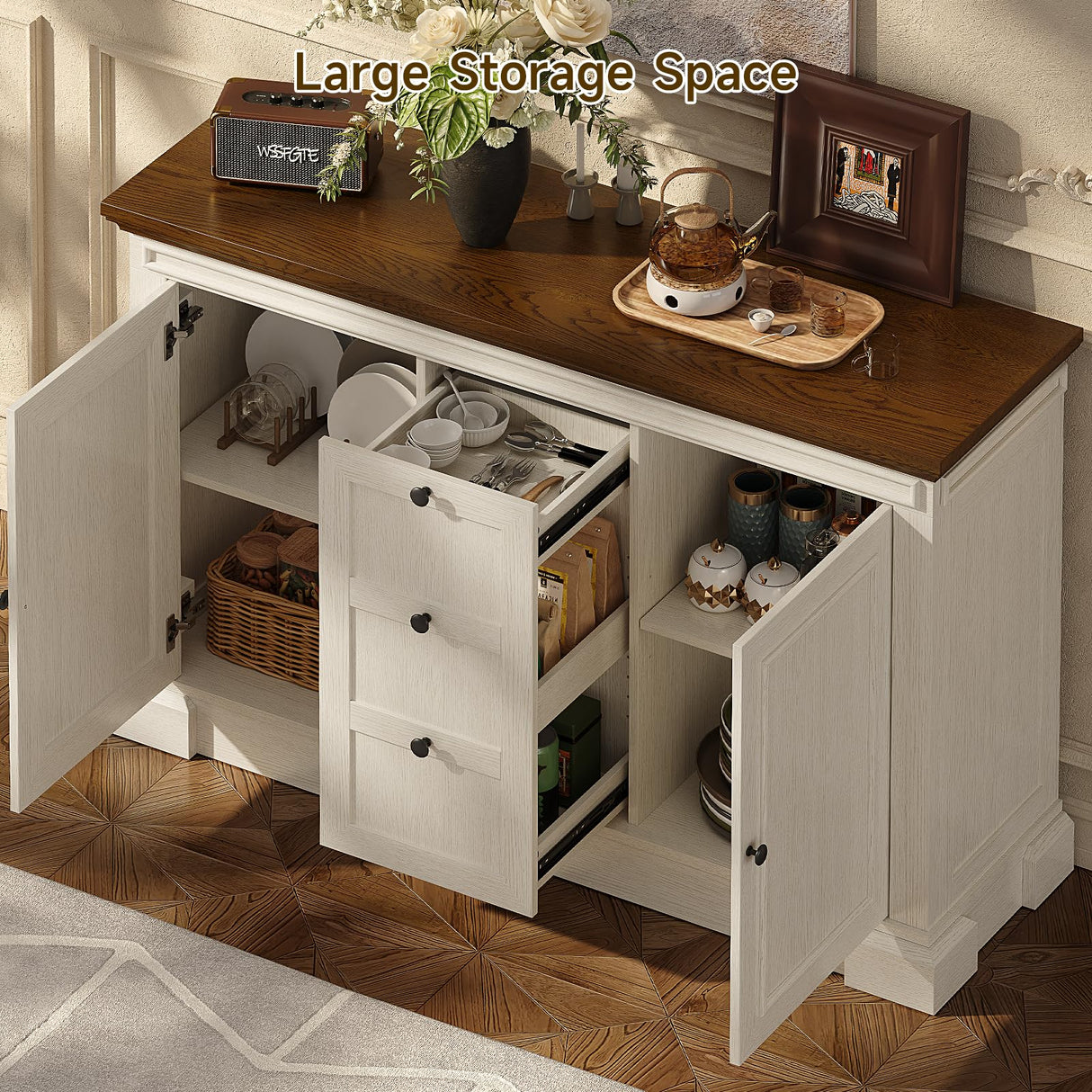 48 Inches Buffet Cabinet with Storage, 34" Tall Farmhouse Sideboard Buffet with 3 Drawers and 2 Doors, Wood Coffee Bar Cabinet with Adjustable Shelves, Credenza for Kitchen, Living Room, Antique White ONBRILL