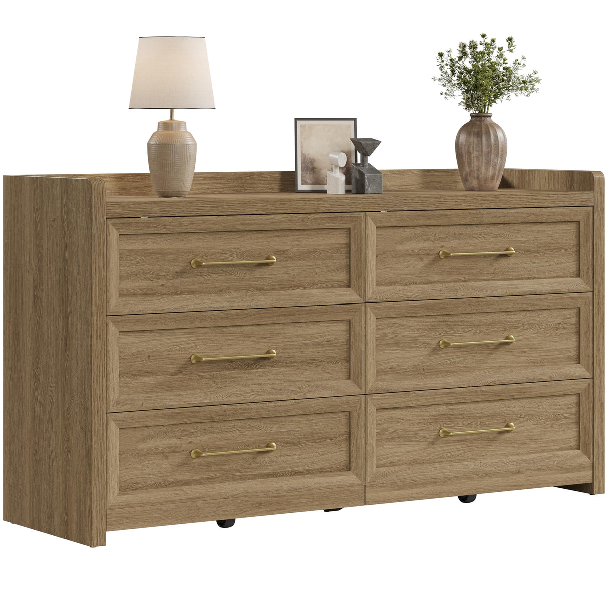 SICOTAS 6 Drawer Dresser for Bedroom-56.4" Extra-Wide Wooden Chest of Drawers with Large Storage, Long Dresser TV Stand with Drawers, Mid Century Modern Closet Dressers for Nursery, Brown Oak SICOTAS