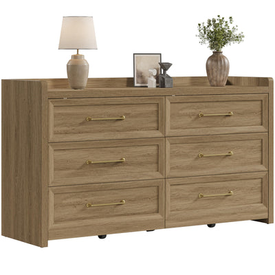 SICOTAS 6 Drawer Dresser for Bedroom-56.4" Extra-Wide Wooden Chest of Drawers with Large Storage, Long Dresser TV Stand with Drawers, Mid Century Modern Closet Dressers for Nursery, Brown Oak