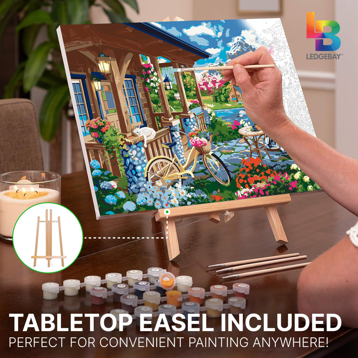 Ledgebay DIY Paint by Numbers Kit for Adults Framed Canvas Beginner to Advanced Paint by Numbers Kit Kits Include Acrylic Paint set Brushes Tabletop Easel (Colorful House Near The Lake 16"x20" Framed) Ledgebay