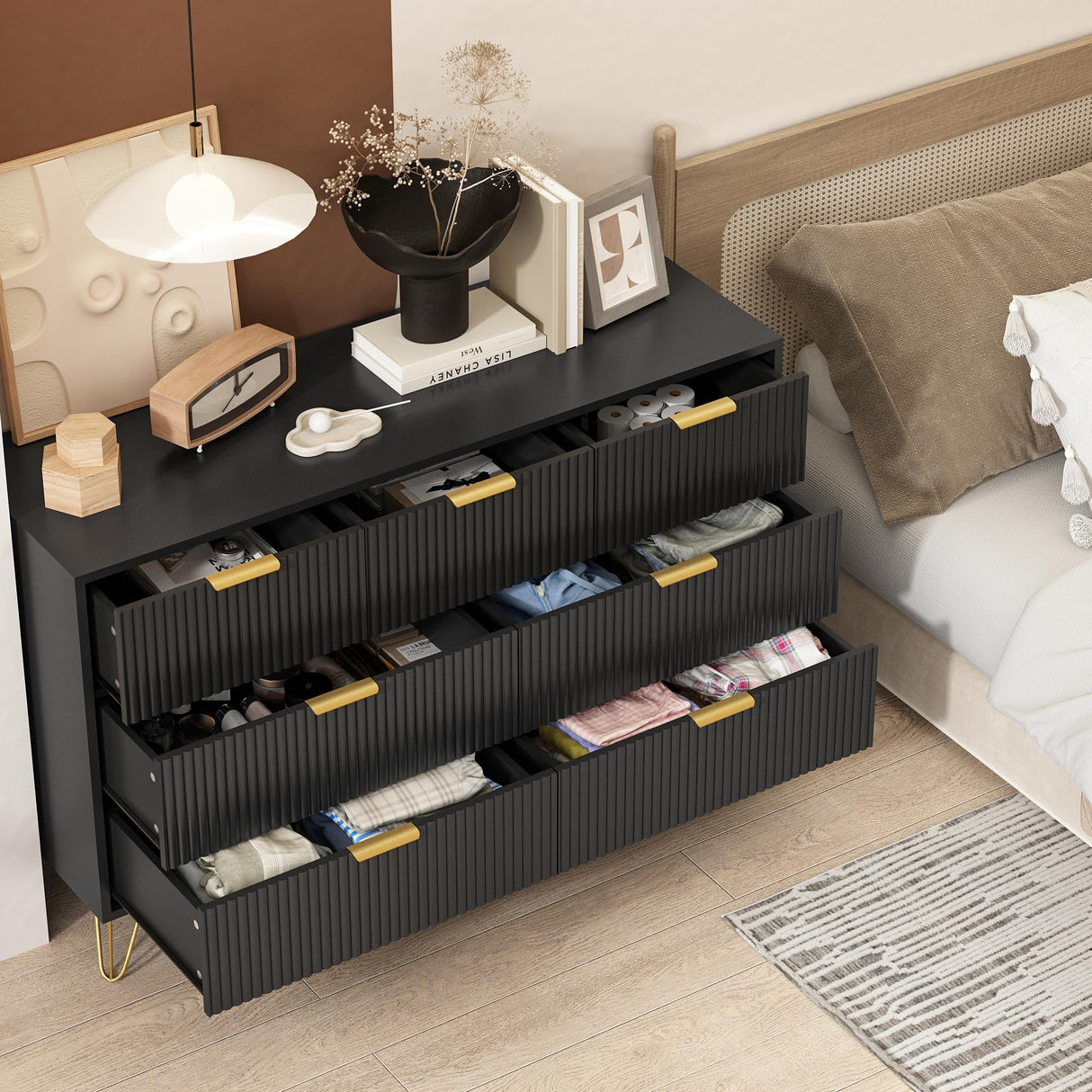 BAZELOR Black Dresser for Bedroom, 7 Drawers Dresser with Golden Handles, Modern Wood Chest for Living Room, Hallway, Entryway BAZELOR