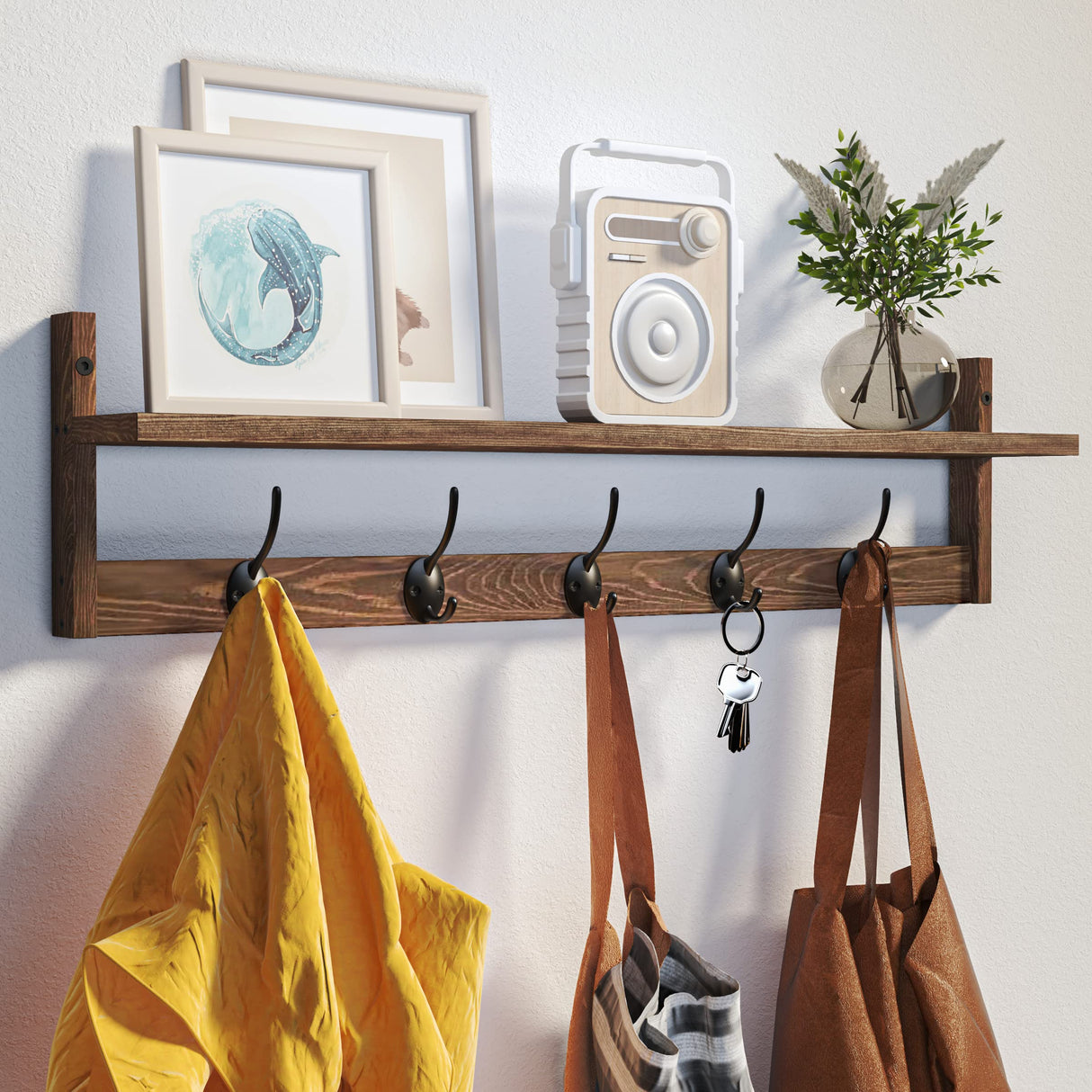 BAMEOS Wall Mounted Coat Rack with Adjustable Easy Install, Rust Proof, Brown Wooden Material, 28.9 Inch Length BAMEOS