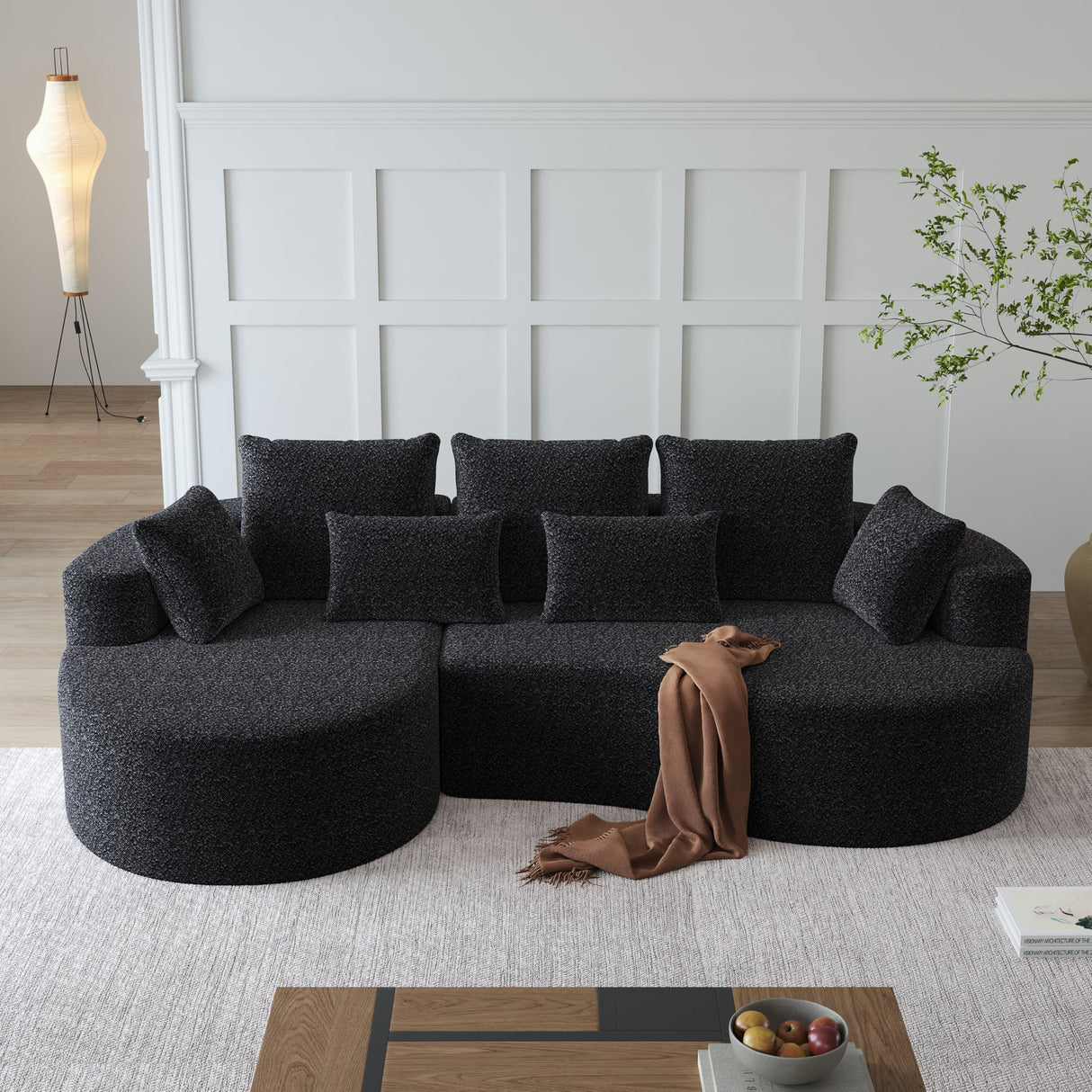 KEIKI 105" L Shaped Corner Couch with Chaise, Upholstered Curved Sectional Sofa, Chenille Sectional Couch for Living Room, Bedroom, Black KEIKI