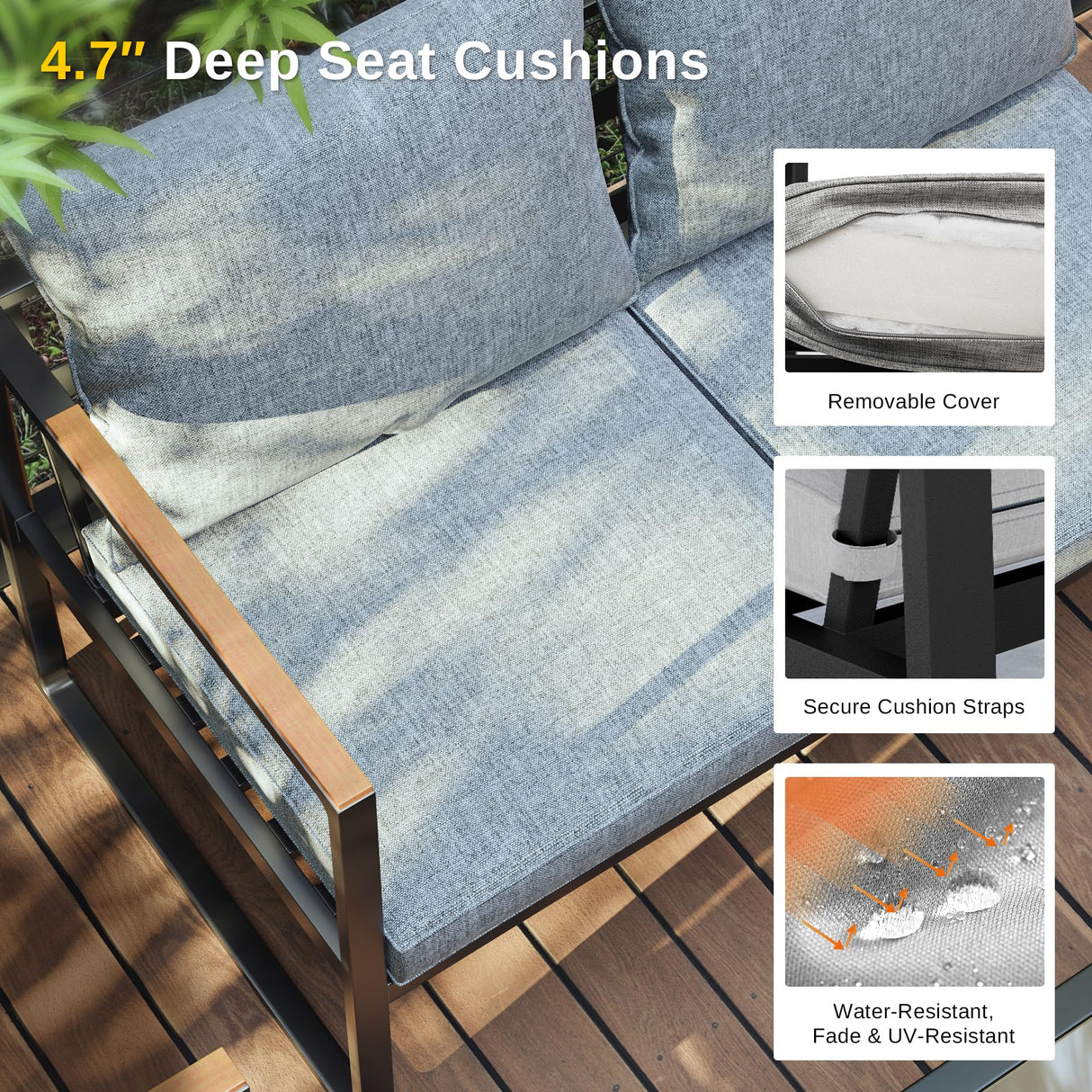 EAST OAK Patio Furniture Set, 4-Piece Outdoor Patio Set with Sofa, Removable & Washable Deep Seating Cushion, Tempered Glass Table, Outside Patio Conversation Sets, Light Gray & Black EAST OAK