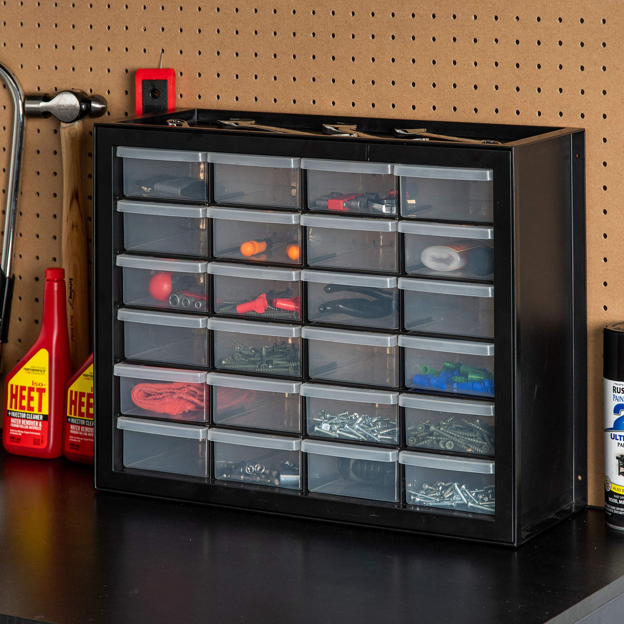 IRIS USA Plastic Storage Drawers, 24-Drawer, Stackable Small Parts Organizer Cabinet for Hardware Screw Nuts and Bolts Sticker Bead Balloon Building Bricks, Teacher Toolbox Garage Storage Bins, Black Iris Ohyama