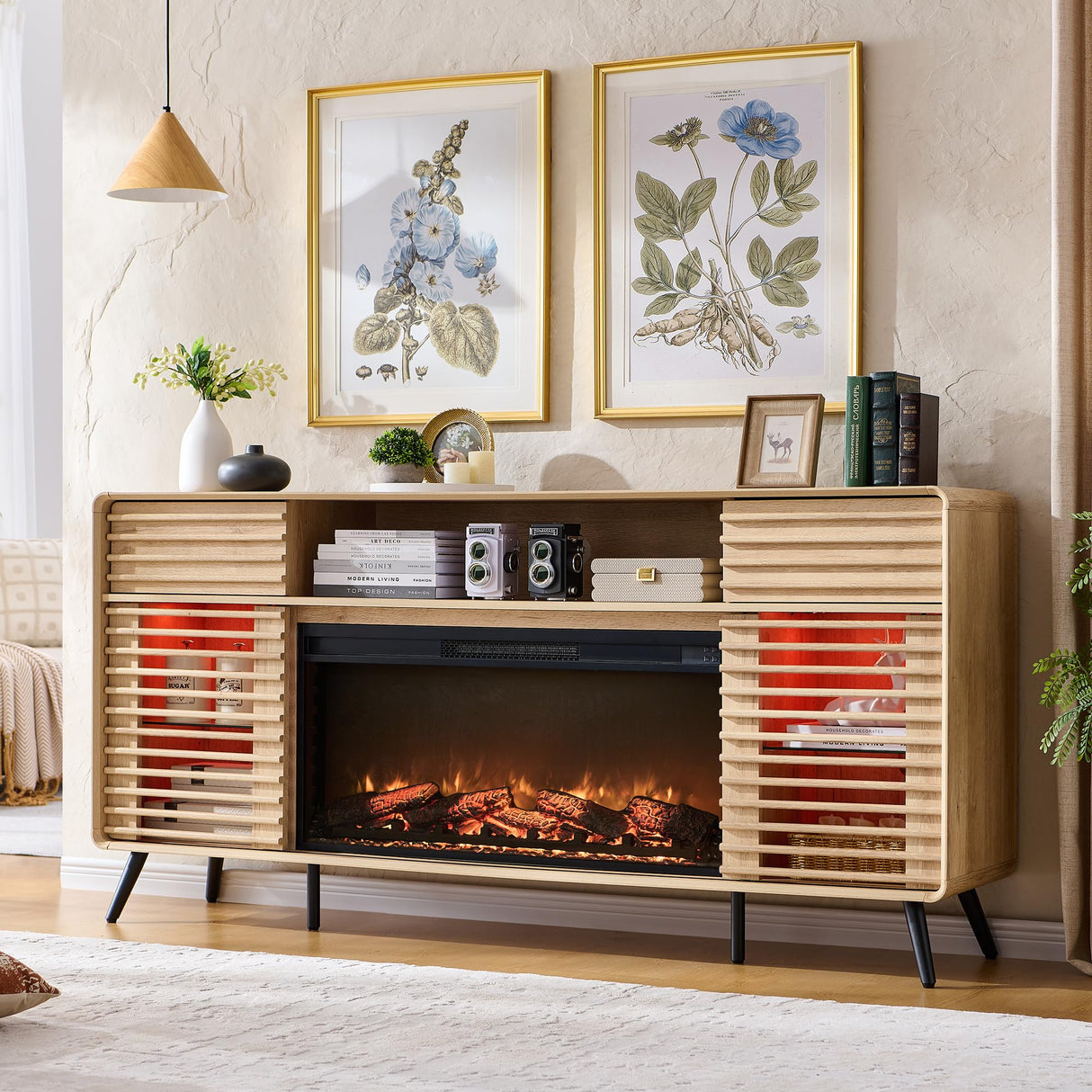 RedLemon Fireplace TV Stand for 80 Inch TV, Mid Century Modern Entertainment Center with 36" Electric Fireplace & Led Lights, Wood Media Console w/Slatted Sliding Doors for Living Room, Natural Oak RedLemon