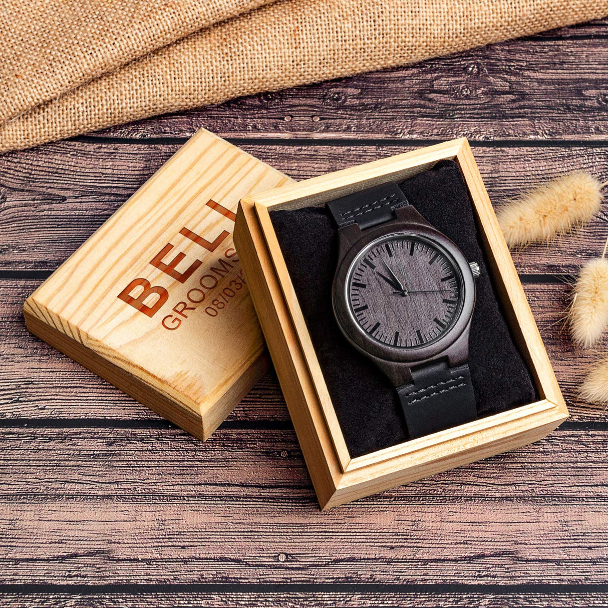 KOSTING Set Groomsmen Gift - Groomsman Gifts for Wedding, Wedding Favor Customized Wood Watch w Gift Box - Engraved Black Leather Strap Wooden Watch Custom Personalized Groomsmen Gifts for Men KOSTING