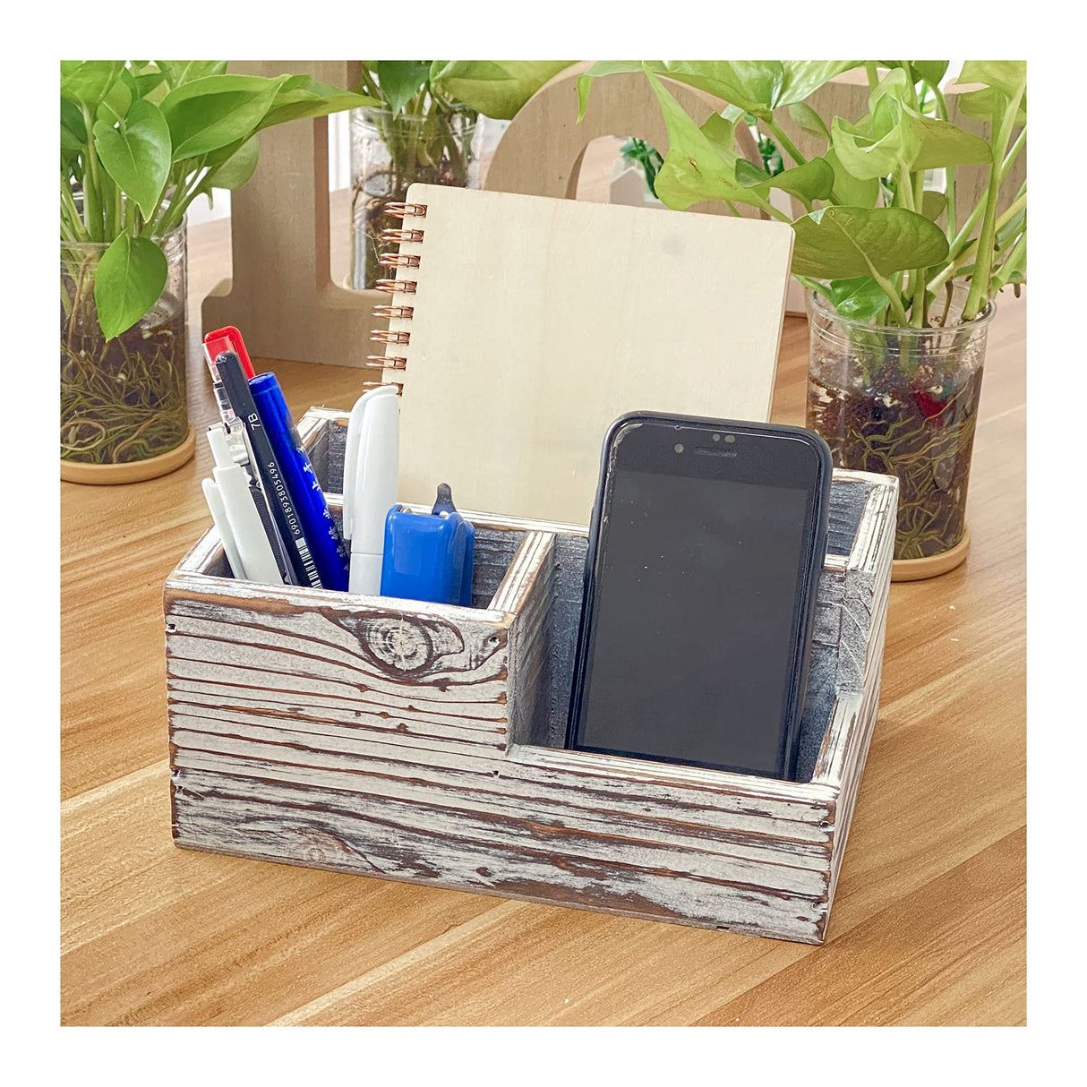 Cregugua Rustic Wood Pen and Pencil Holder Decorative Stationary Wooden Organizer Office/Home (5.5X7.9X3.5 in) Cregugua