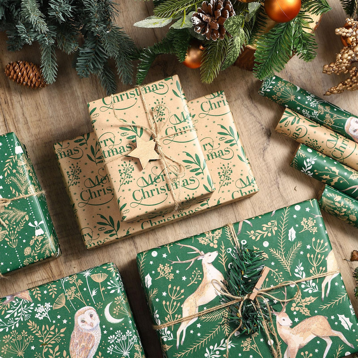 RUSPEPA Christmas Kraft Wrapping Paper - Owl, Reindeer, Christmas Ball and Text Design - 4 Rolls - 30 inches x 10 feet per Roll RUSPEPA