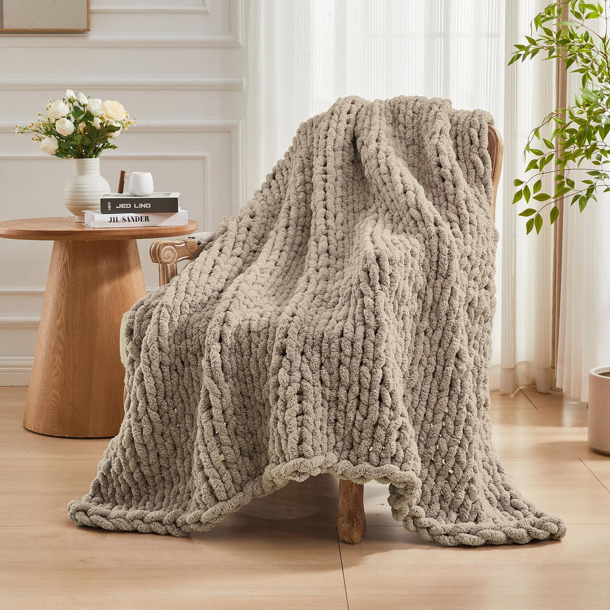 Carriediosa Chunky Knit Throw Blanket 50" X 60", 100% Hand Made Large Chenille Loop Yarn Soft Fluffy Throws for Couch Sofa Bed, Big Crochet Cozy Heavy Thick Cable Woven Blankets, Taupe Carriediosa