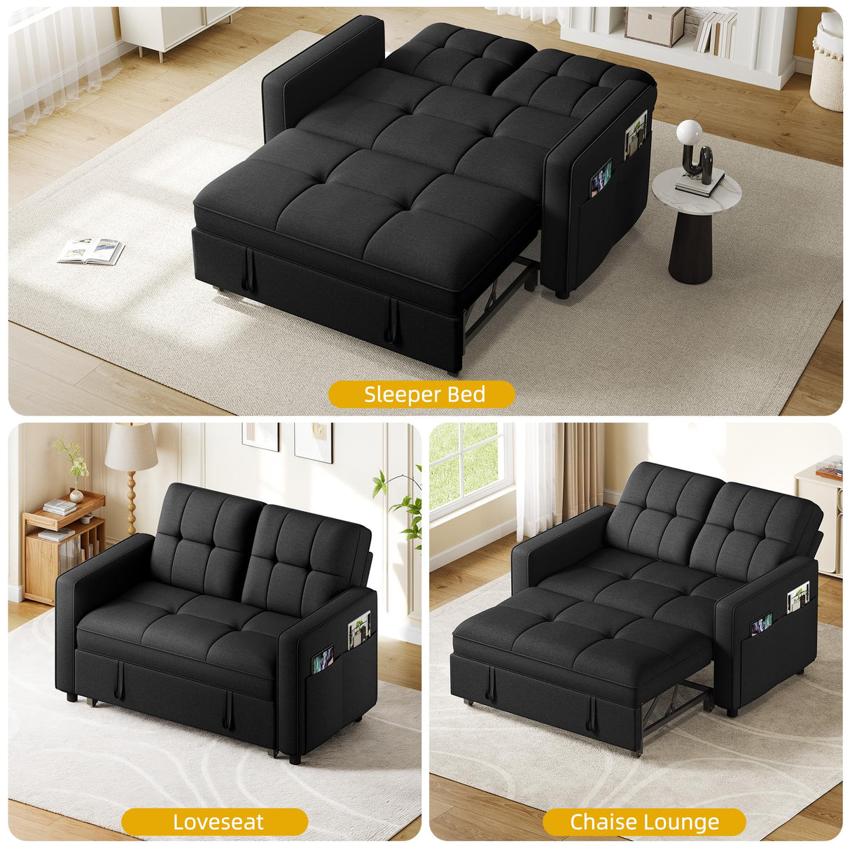 YITAHOME 55" Convertible Sofa Bed, 3-in-1 Sleeper Sofa with Iron Frame Pull-Out Bed, Linen Futon Couch with Reclining Backrest and Side Pocket, Modern Loveseat for Living Room Bedroom Apartment, Black YITAHOME