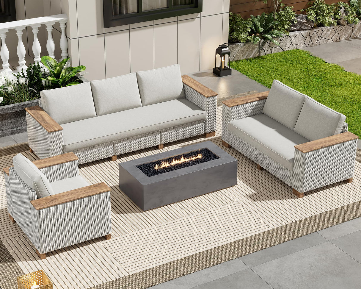 PaPaJet 6-Piece Patio Furniture Set, Wicker Patio Conversation Set with Solid Wood Armrests &Thick Legs, UV-Resistant Outdoor Sectional Sofa for Backyard, Porch, Garden(88"+63"+37") PaPaJet