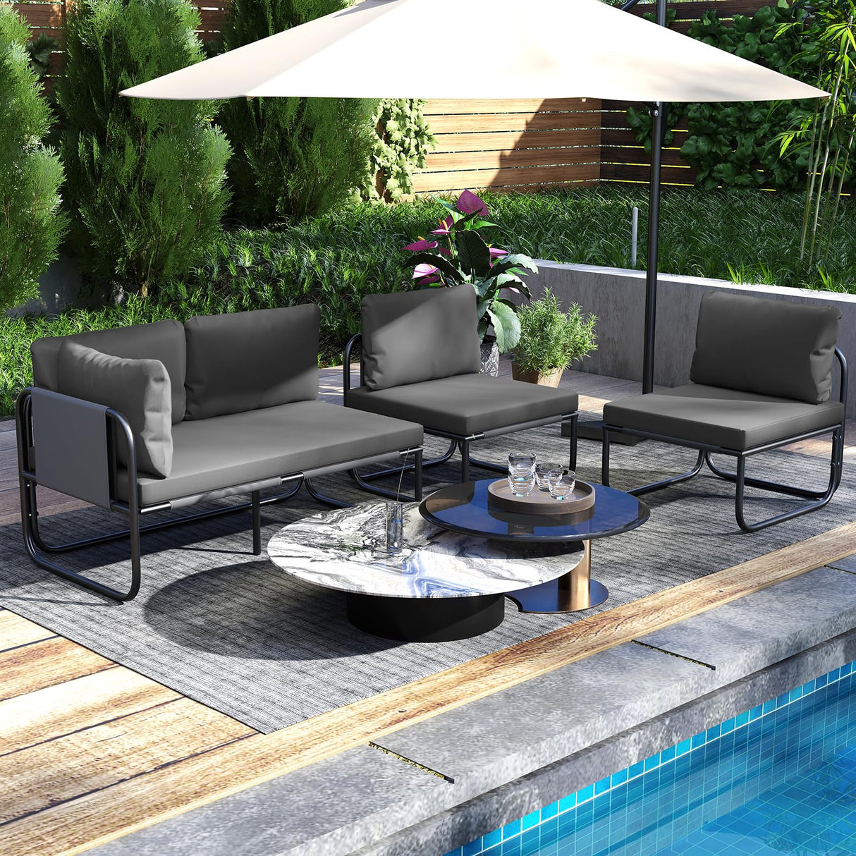 Tangkula Patio Loveseat, Sofa Couch with Removable Pillows & Seat Cushion, Side Armrest, Heavy Duty Metal Frame & Adjustable Foot Pads, Outdoor Double Chair Furniture for Garden (Grey + Black) Tangkula
