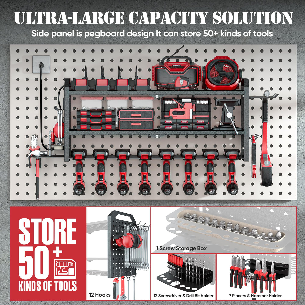 Power Tool Organizer with Charging Station Wall Mount, Built in 8 Outlet Surge Protection Power Strip, Drill Holder Wall Mount, Heavy Duty Metal Power Tool Storage Rack for Garage Organization Black Nacial