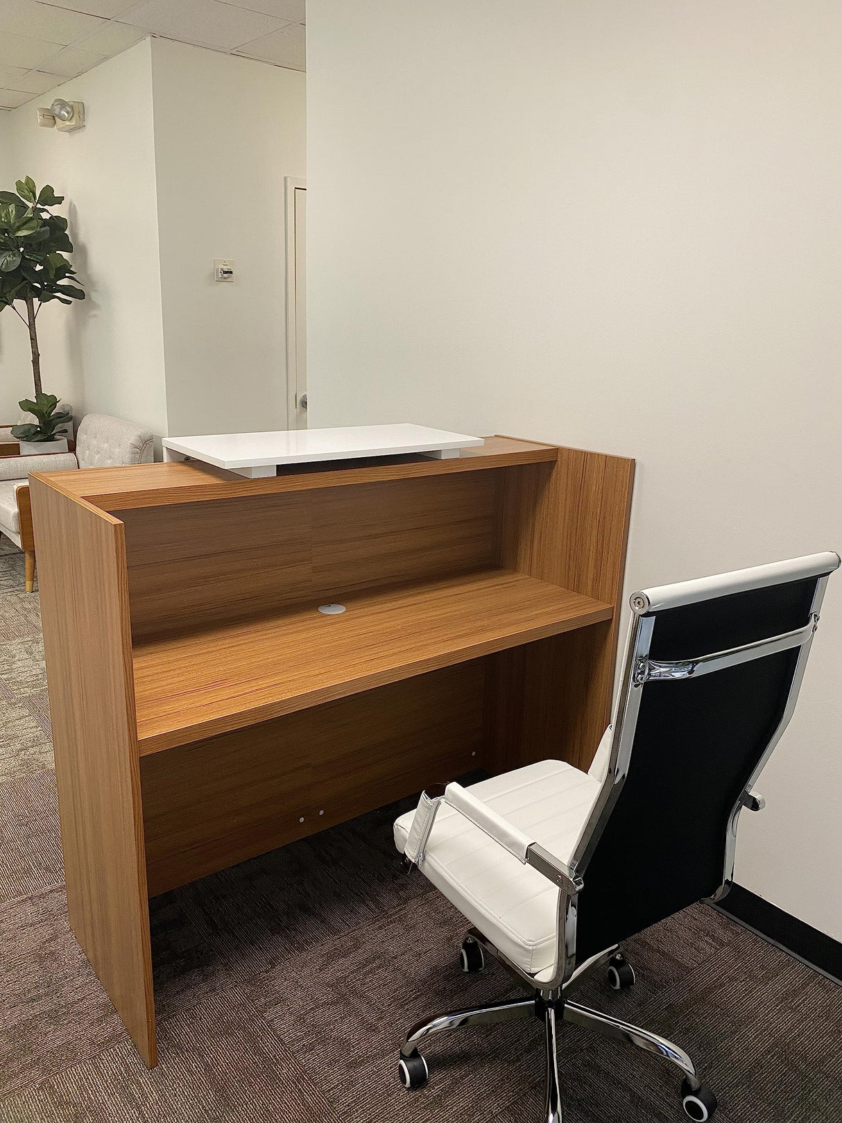 UGOS ICN 53" Modern Reception Desk, Multifunctional Modern,Transaction Countertop, Laminate Desktop, Standing Front Table for Office, Home, School, Salon, Spa - Teak and White UGOS