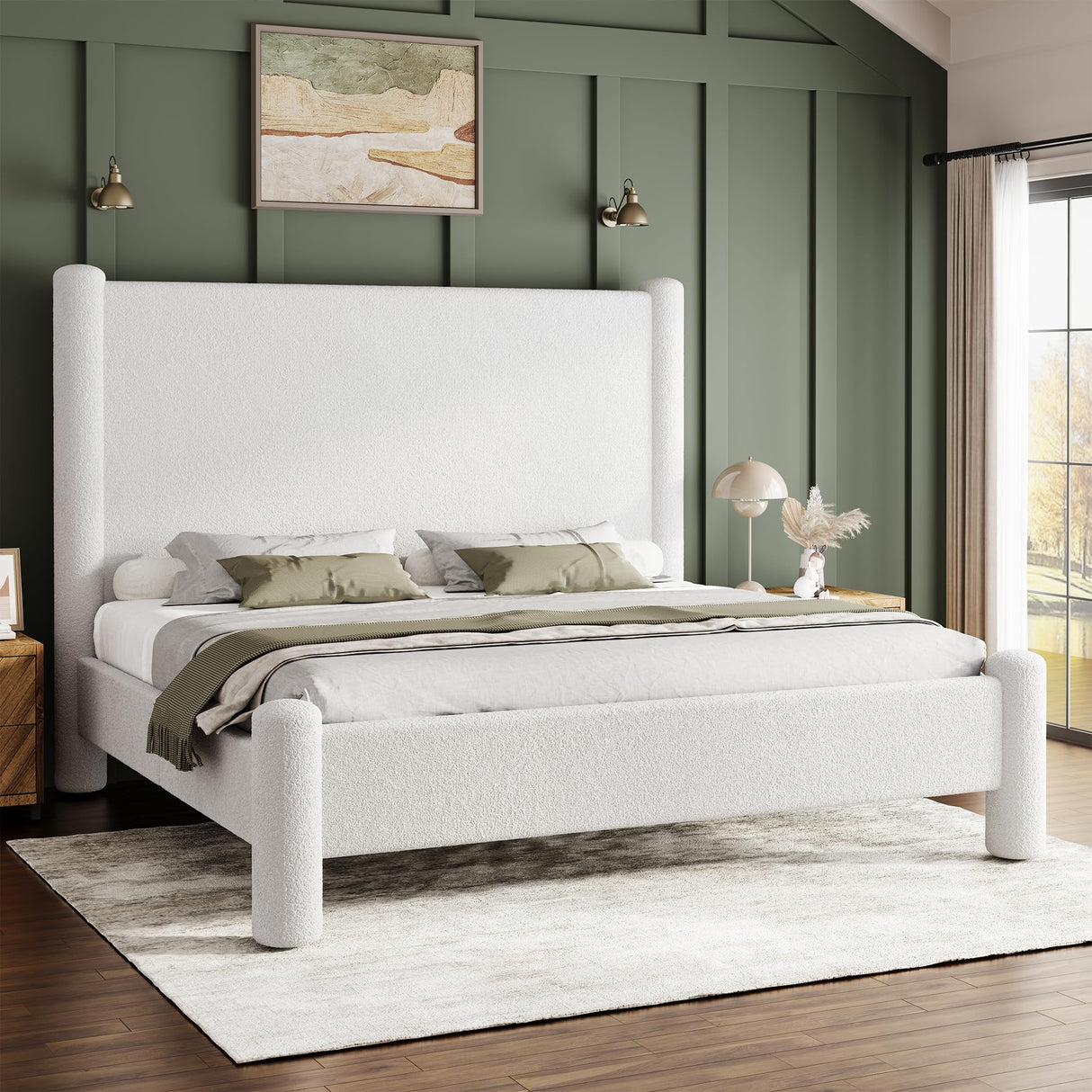 Jocisland King Size Upholstered Bed Frame with Boucle Chenille Fabric, Cloud-Inspired Headboard & Corner Design, Sturdy Platform Bed, No Box Spring Needed, White Jocisland