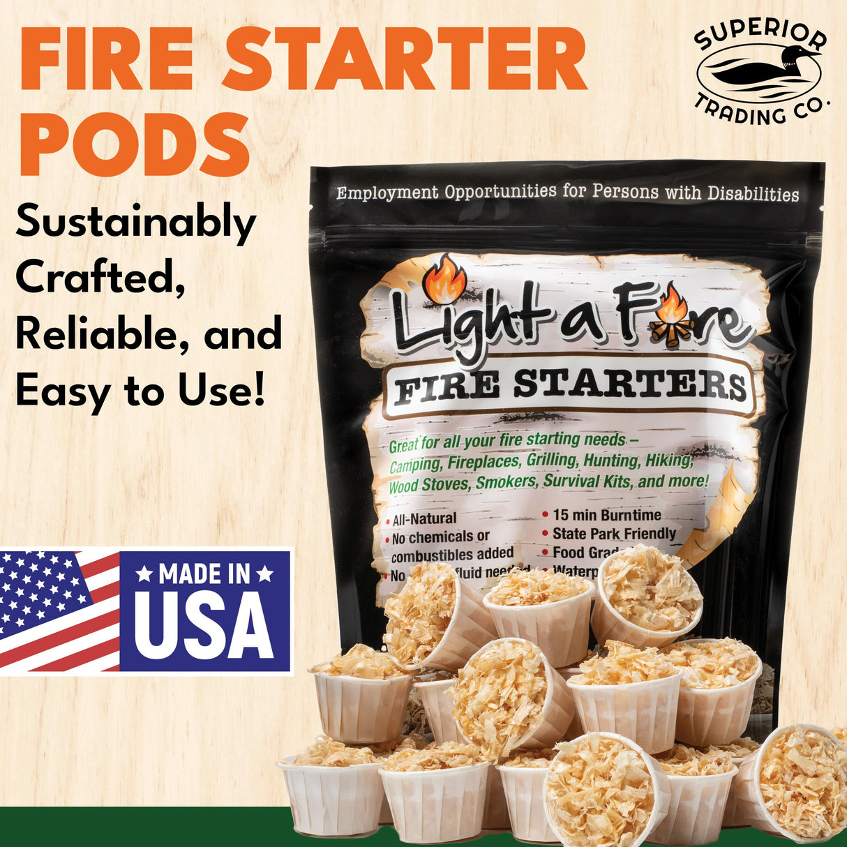 Superior Trading Fire Starter Pods in Resealable Packs - Fire Starters for Campfires, BBQ, Grill, Pit, Wood Stove & Charcoal Starter, 15-20-Min Burn, 30 Extra Large Pods, USA Made, Brown, 3.2 Lbs Superior Trading Co.