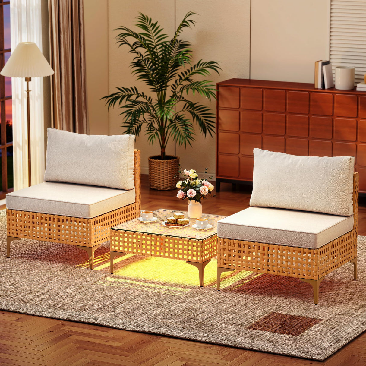 DWVO Patio Furniture Set 3 Pieces Outdoor Sectional Sofa with Solar Light Table & Waterproof Cushions Outdoor Couch All-Weather Rattan Patio Conversation Set for Balcony Garden Porch DWVO