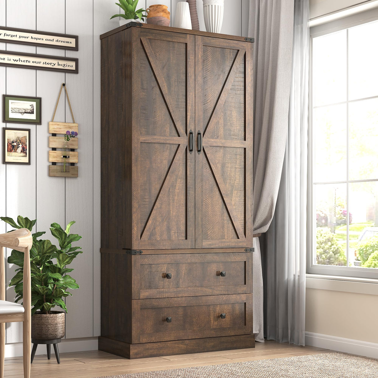 Hlivelood Farmhouse Kitchen Pantry Cabinet, 71" Tall Storage Cabinet with 2 Barn Doors & 2 Drawers, Large Farmhouse Kitchen Cupboard with Adjustable Shelves, Dining Room, Living Room, Rustic Brown Hlivelood