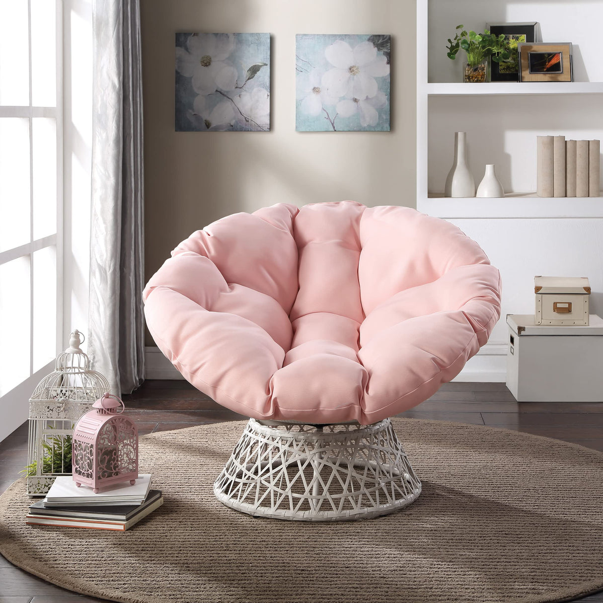 OSP Home Furnishings Wicker Papasan Chair with 360-Degree Swivel, Cream Frame with Pink Cushion OSP Home Furnishings
