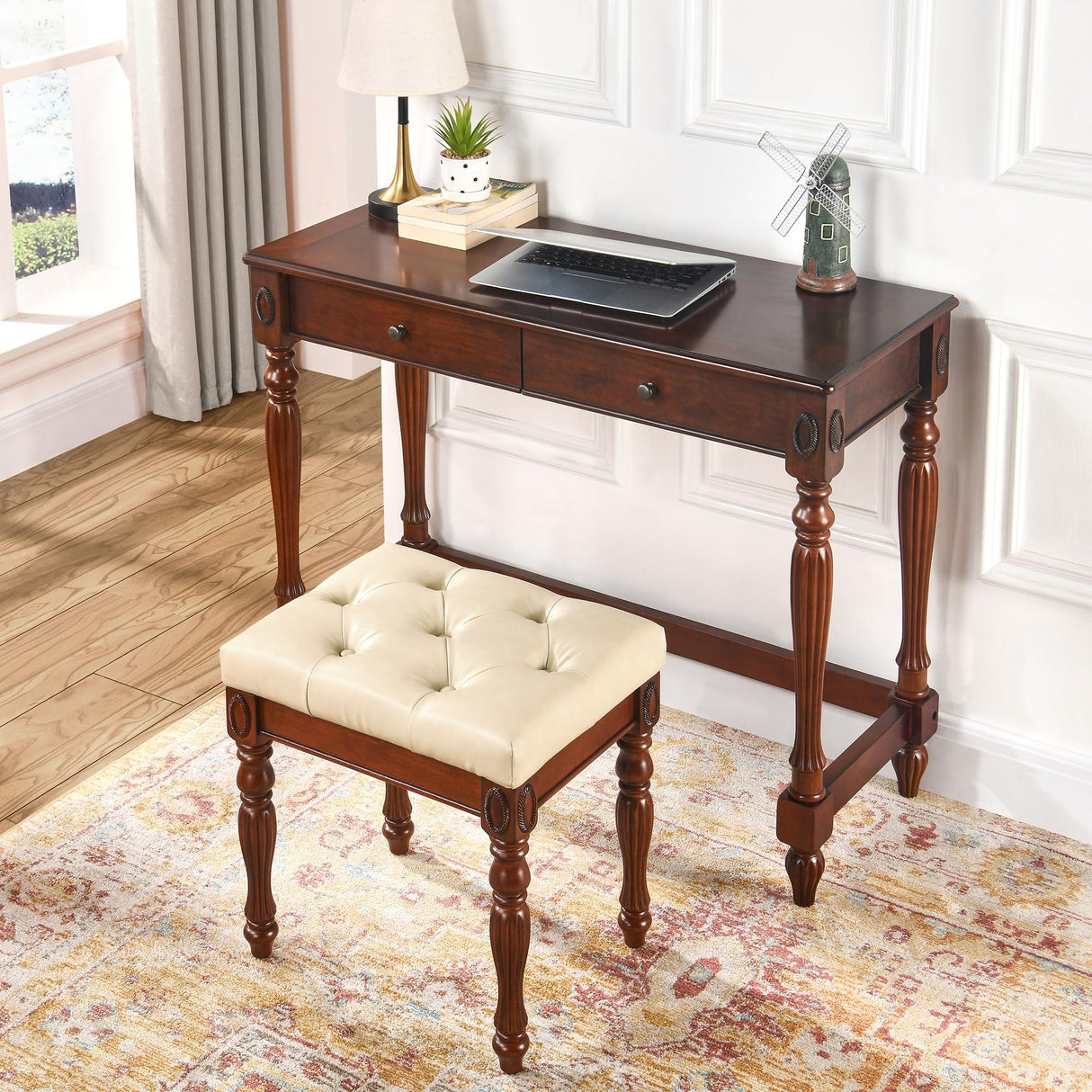 MODERION Vanity Bench Stool with Padded Cushion, Piano Bench with Solid Wood Carving Legs, Home Chairs Button Breathing Leather Upholstered Seat, MODERION