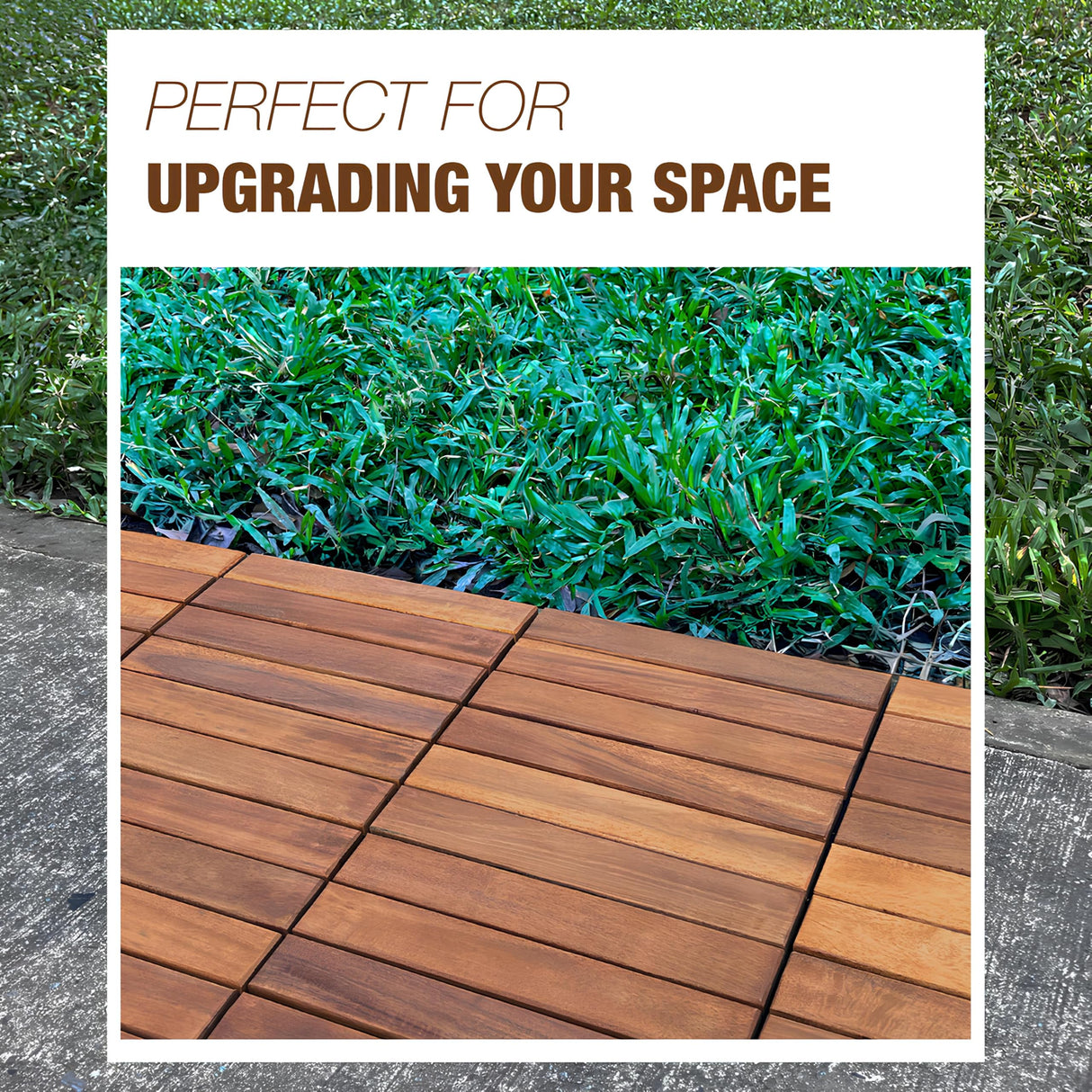 10 pcs Premium Acacia Wood Interlocking Decking Tiles – 12x12x0.9in Weatherproof Patio Flooring Outdoor – Interlocking Deck Tiles for Balcony, Backyar & Poolside, All-Weather Use (Golden Teak Finish) GREEN ALLUVIUM