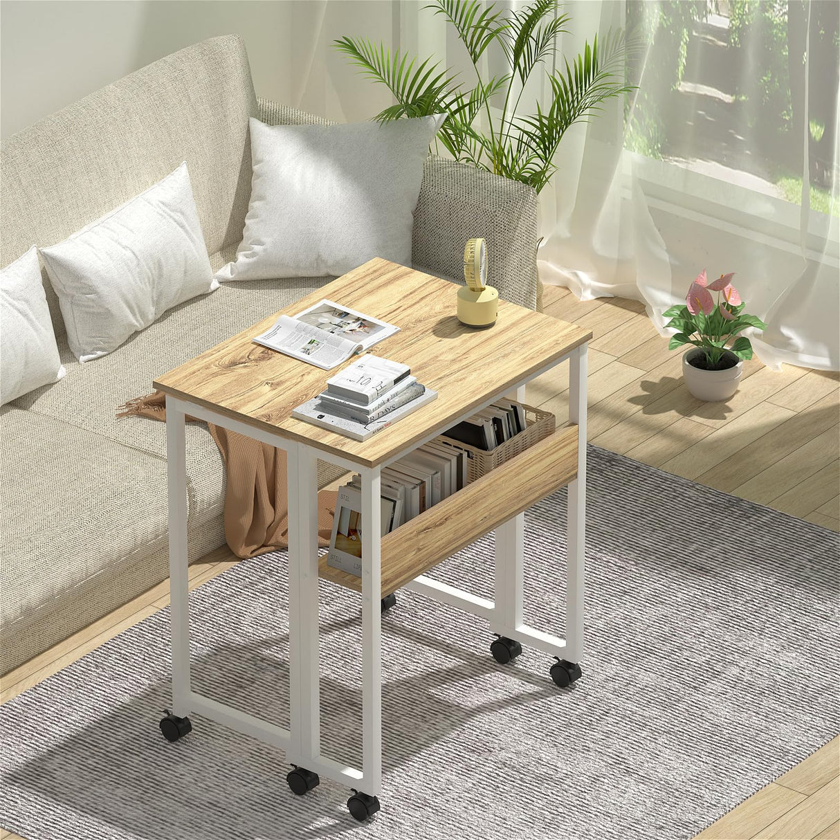 GreenForest Folding Desk Small Rolling Desk with Storage Shelf,24.8 inch Foldable Computer Desk with Wheels for Small Space,Easy Assembly,Oak GreenForest