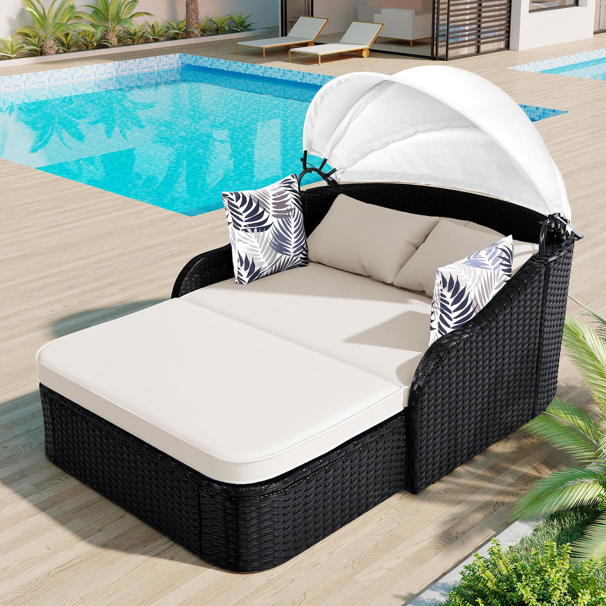 Patio Canopy Daybed with Canopy, 79.9" Outdoor Sunbed with Adjustable Canopy, Double Lounge Chair, PE Rattan Daybed for Garden Poolside Patio, Black Wicker and Beige Cushion RuiSiSi