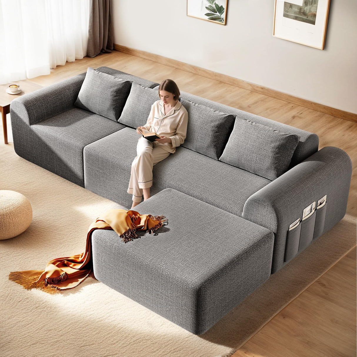 Decofy 105.5" Boneless Sofa for Living Room, Cloud Sectional Couch Ottoman & 4 Pillows, 4-Seater Comfy Compressed Sofa L Shaped Sectional Couch, No Assembly Required, 72h to Restore Decofy