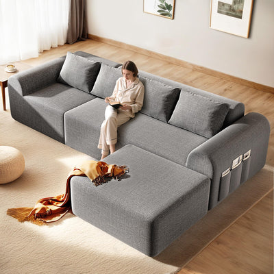 Decofy 105.5" Boneless Sofa for Living Room, Cloud Sectional Couch Ottoman & 4 Pillows, 4-Seater Comfy Compressed Sofa L Shaped Sectional Couch, No Assembly Required, 72h to Restore