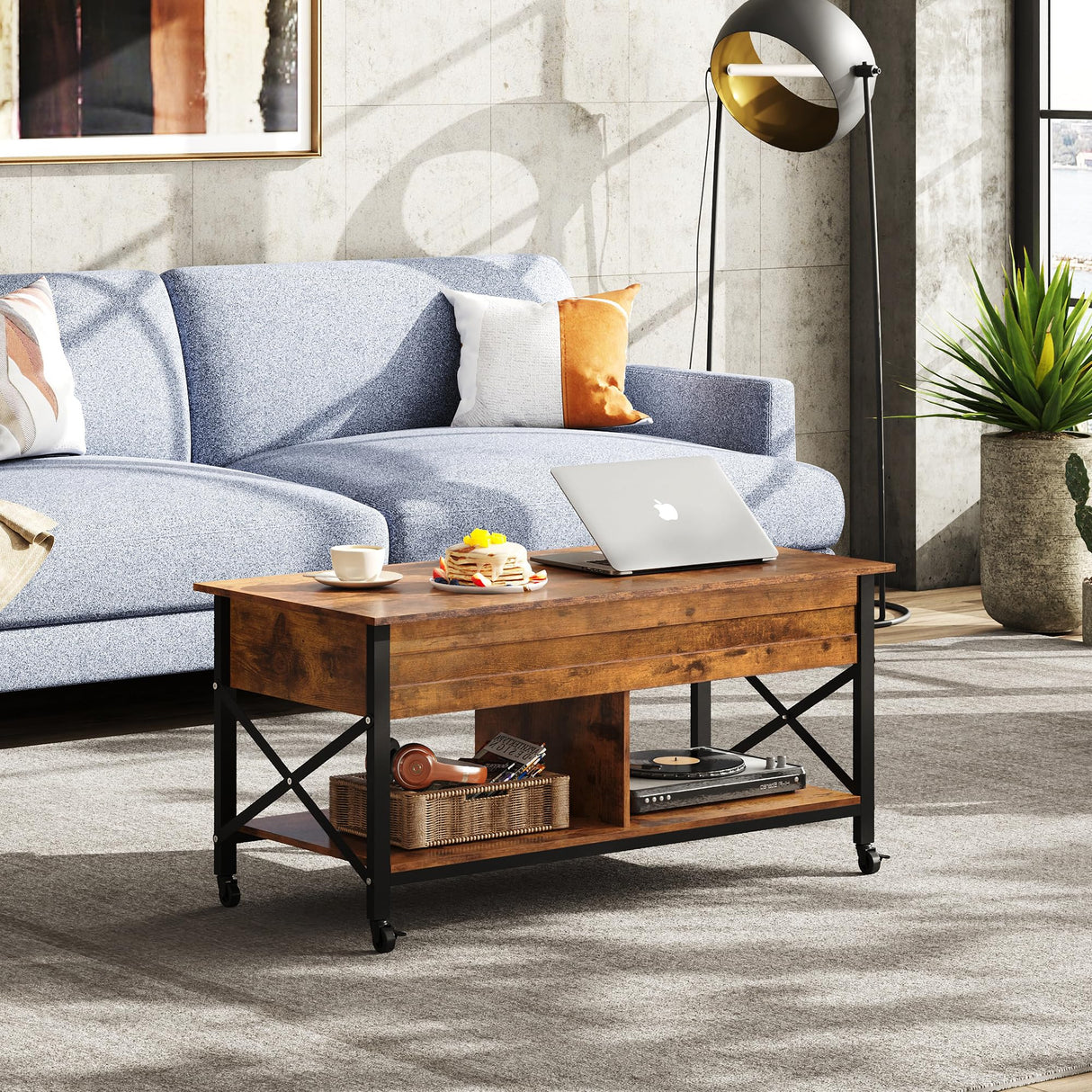 WLIVE Lift Top Coffee Table for Living Room, Coffee Table with Storage, Hidden Compartment and Metal Frame, Central Table with 4 Casters for Reception Room, Rustic Brown WLIVE