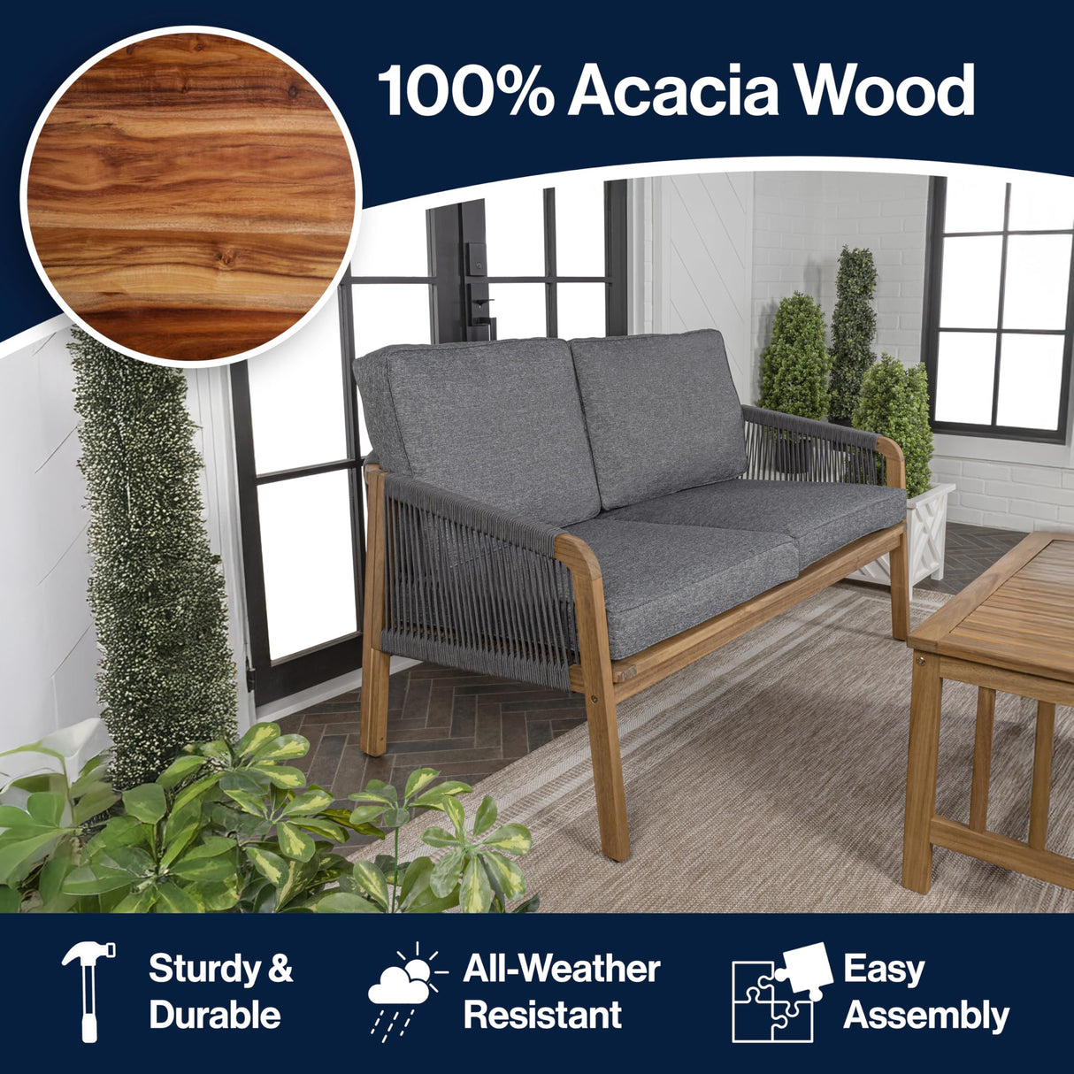 JONATHAN Y SFB1001C Arwen Modern Bohemian Roped Acacia Wood Outdoor Loveseat with Cushions Coastal, Contemporary, Transitional, Rustic for Backyard, Patio, Porch, Gray/Teak Brown JONATHAN Y
