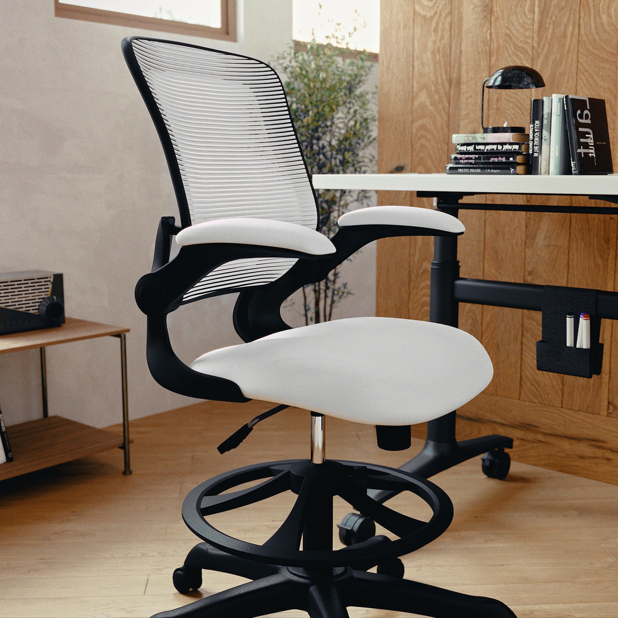 Flash Furniture Kale Mid-Back White Mesh Ergonomic Drafting Chair | Adjustable Foot Ring, Flip-Up Arms Flash Furniture