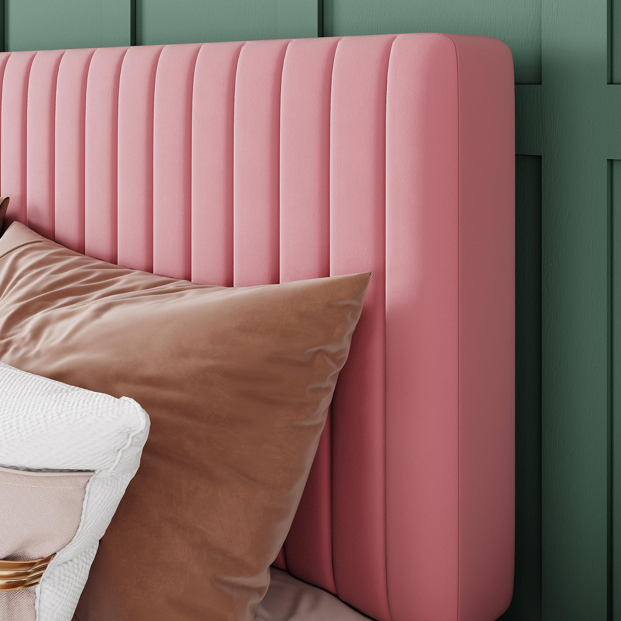 Allewie Queen Bed Frame, Velvet Upholstered Platform Bed with Adjustable Vertical Channel Tufted Headboard, Mattress Foundation with Strong Wooden Slats, Box Spring Optional, Easy Assembly, Pink Allewie