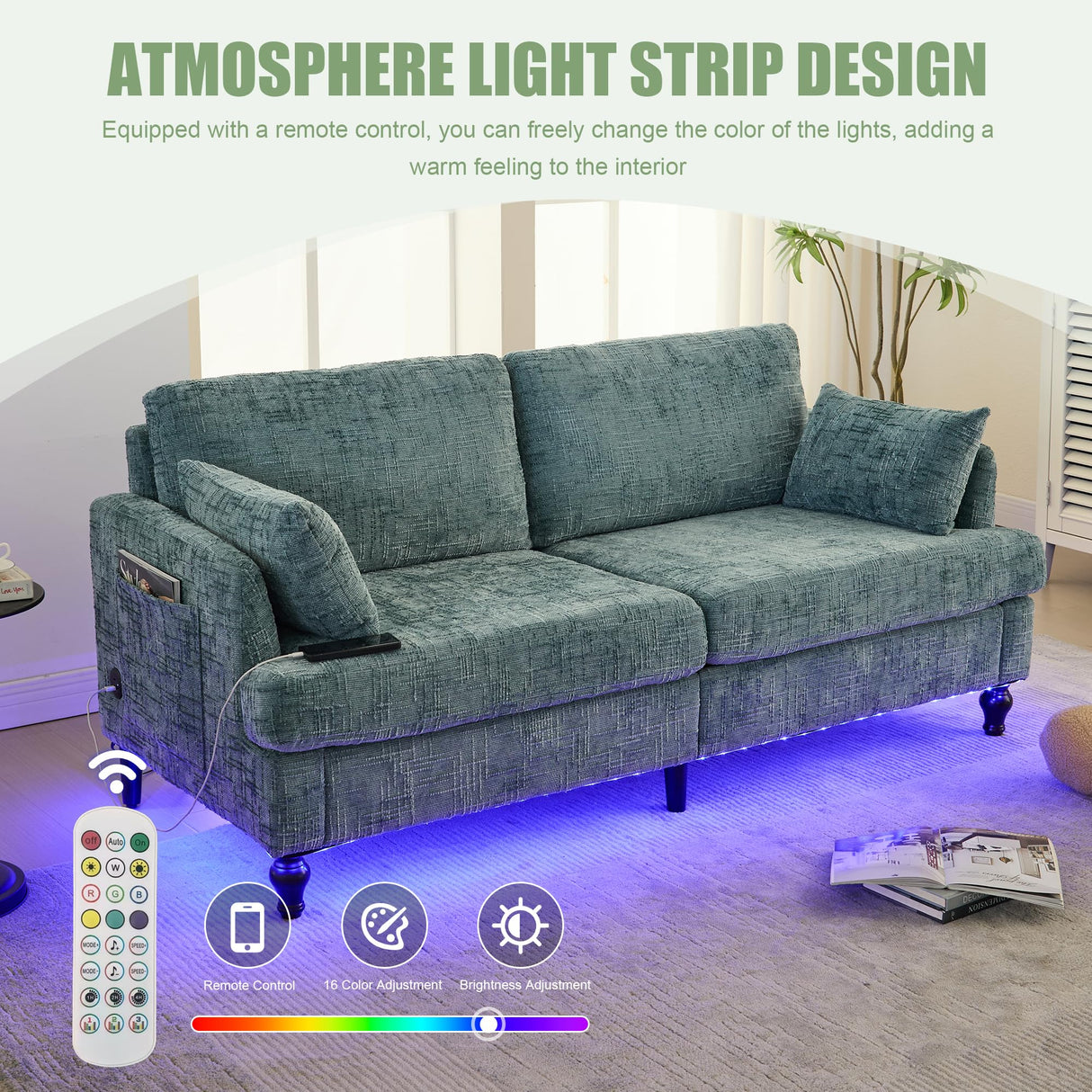 68" Oversized Chenille Sofa with LED Light, Deep Seat Loveseat with Storage, Modern Comfty Couch with USB Charging Port for Living Room, Bedroom, Apartment, Lake Blue PAXIPEX