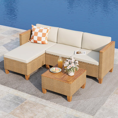 MIXPATIO Wicker Outdoor Patio Furniture Set 3 Pieces Patio Chaise Longue Conversation Set, Rattan L-Shaped Sofa Couch with Acacia Wood Coffee Table for Deck Porch and Garden