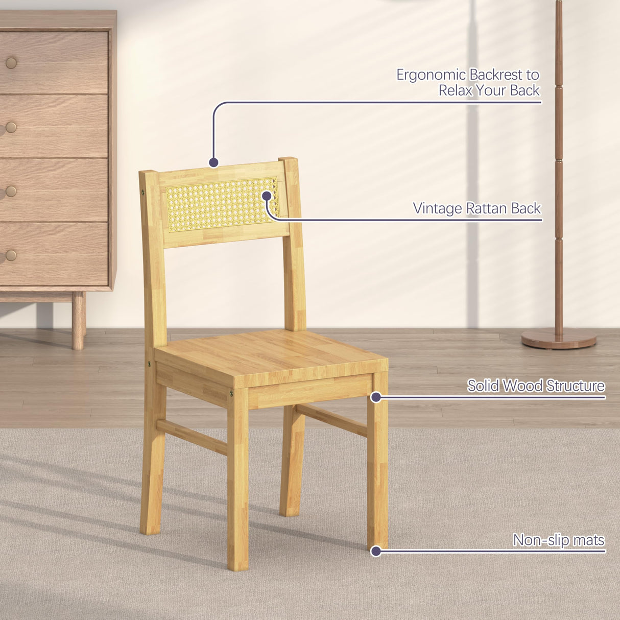 Orweiin Solid Wood Dining Table Set for 4, 43.3" Dining Table with Chairs Set, Kitchen Dining Table Set with Woven Rattan Backs, Farmhouse Solid Wood Table and Chairs, Natural Orweiin