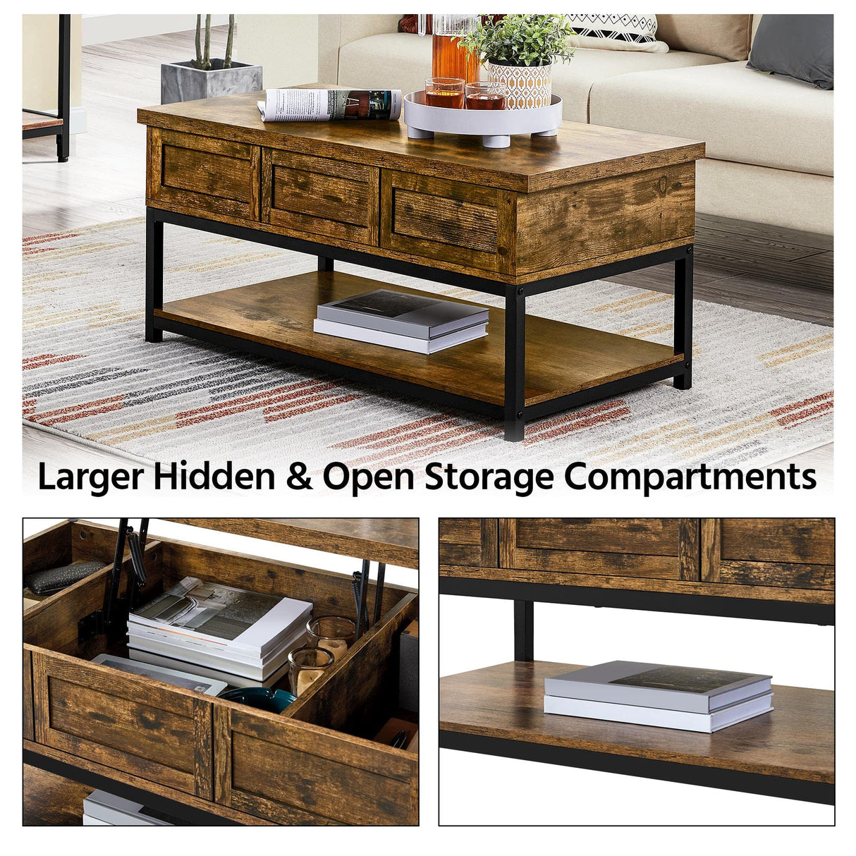 Yaheetech Coffee Table, 40in Lift Top Coffee Table, Rustic Industrial Lift Up Center Table with Storage Compartments & Shelf for Living Room Reception, Rustic Brown Yaheetech